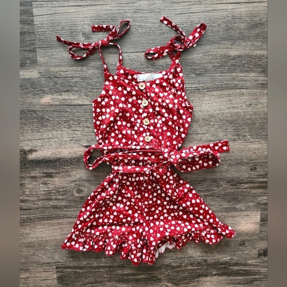 Bailey's Blossoms Red and White Heart Print Romper with Ruffled Details - Picture 2 of 6